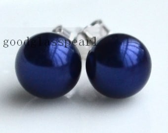 Navy Pearl Stud Earrings, Sterling Silver Post, Bridesmaid Jewelry