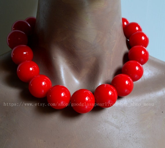 Big Red beaded necklace, 24mm red beads necklace, red choker necklace,  Resin necklace, light weight big beads necklace, statement necklace