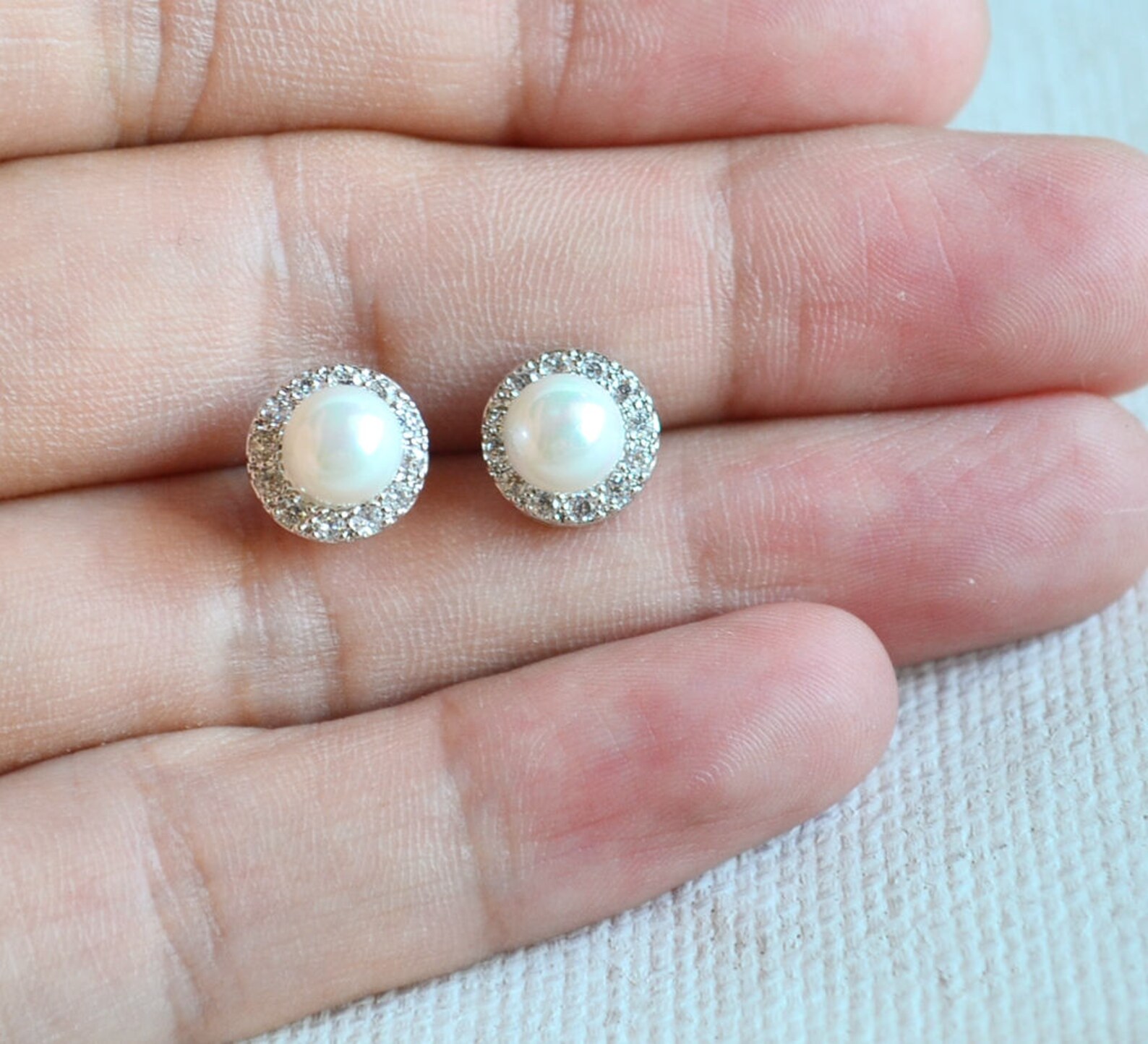 Pearl and CZ Earrings Bridal Earrings 6mm Pearl With 9.5mm Etsy Australia