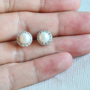 Pearl and CZ Earrings, bridal earrings, 6mm pearl with 9.5mm CZ post earrings, wedding earrings, bridesmaids earrings, stud pearl earrings