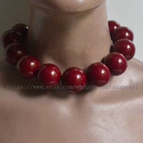 Collier de perles Big Dark Burgundy de 29 mm, collier de déclaration, collier pour hommes, grand collier rouge foncé, collier ras de cou, collier pour hommes