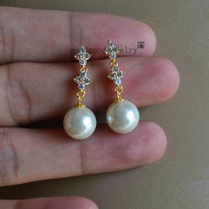 pearl and zircon earrings, stud post with dangle pearl earrings, wedding earrings, bridesmaids earrings