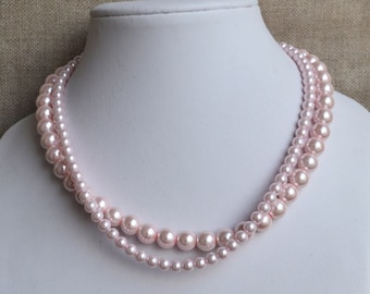 light pink pearl necklace,2-rows pearl necklaces,wedding necklace,bridesmaids necklace,glass pearls necklaces, pearl necklace,necklace