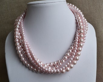 pink pearl necklace,5-rows pearl necklaces,wedding necklace,bridesmaids necklace,glass pearls necklaces, pearl necklace,necklace,wedding