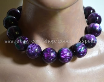 パープルシャトヤンシービーズネックレス、ラージアクリルラウンドチョーカー、ステートメントジュエリー