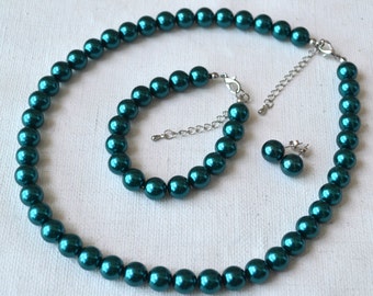 Teal Pearl Jewelry Set, Bridesmaid Necklace Bracelet Earrings, 6mm Glass Pearls