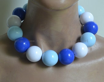 Multicolor Big beads Necklace,Blue choker necklace, 28-30mm plastics beads necklace, large beaded necklace, statement necklace