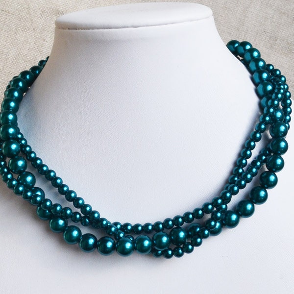 teal pearl necklaces,3-rows pearl necklaces,teal bead necklace,bridesmaids necklace,glass pearls necklaces,statement necklace, teal necklace