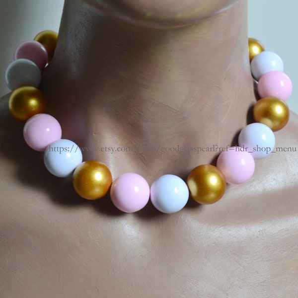 Gold pink white beads necklace, Bubblegum Bead Necklace, Statement Necklace, Funky Fun Men Necklace
