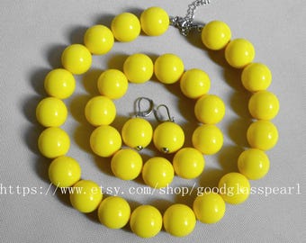 Yellow Acrylic Beaded Jewelry Set, Statement Necklace Bracelet Earrings