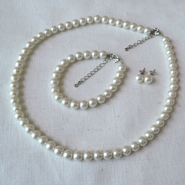 ivory glass bead set, 8mm pearl necklace pearl bracelet and pearl earrings set,wedding bridesmaids pearl set,glass pearls set
