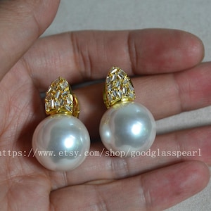20mm pearl and CZ earrings, big white pearl earrings, round ball shape pearl earrings, large drop pearl earrings,light weight pearl earrings