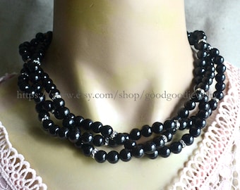 three strands black pearl necklace, triple strand glass pearl necklaces, rhinestone space necklaces,3 strand twisted pearl necklace