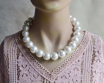 Chunky Ivory Pearl Necklace, 20mm Plastic Pearl, Adjustable Length