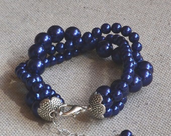 marineblaues Perlenarmband, 3 Stränge Perlenarmband, Glasperlen Armband, Perlenarmband, Brautjungfern Armband, Hochzeit Perlenarmband
