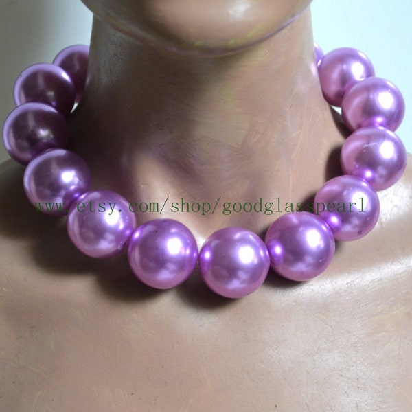 29mm lilac pearl necklace, large light purple beaded choker necklace, lavender plastics pearl necklaces, big beads necklaces