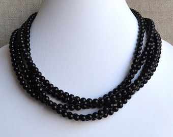 black beads necklace,black glass pearl necklace, bridesmaids necklace,5-rows pearl necklaces,statement necklace,black beaded necklace