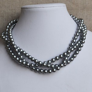 gray pearl necklace,3 strands pearl necklaces,,8mm gray glass pearls necklaces, pearl necklace,bridesmaids necklace,  pearl necklace,wedding