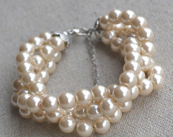 champagne pearl bracelet,3 strands pearl bracelet,  pearl  bracelet,bridesmaids bracelet,glass pearls bracelet,wedding pearl bracelets