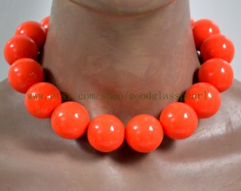 Orange Resin Beaded Choker Necklace, Stainless Steel Clasp, Halloween Statement Necklace