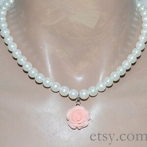flower girl necklace, bridesmaids necklace, statement necklace, children necklace, 8mm glass pearl with pink flower pendant