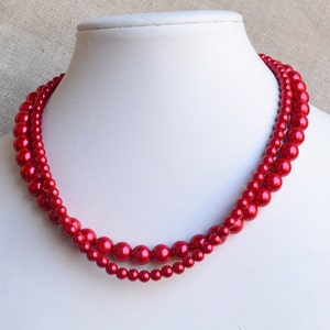 red beaded necklace, double strand red pearl necklaces, statement necklace, red glass bead necklace, red necklace, bridesmaid gift