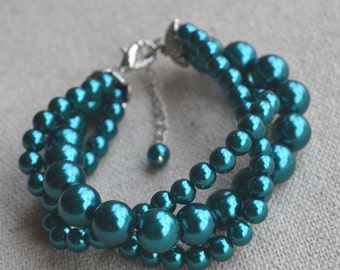 Teal Glass Pearl 3-Row Bracelet, Bridesmaid Jewelry