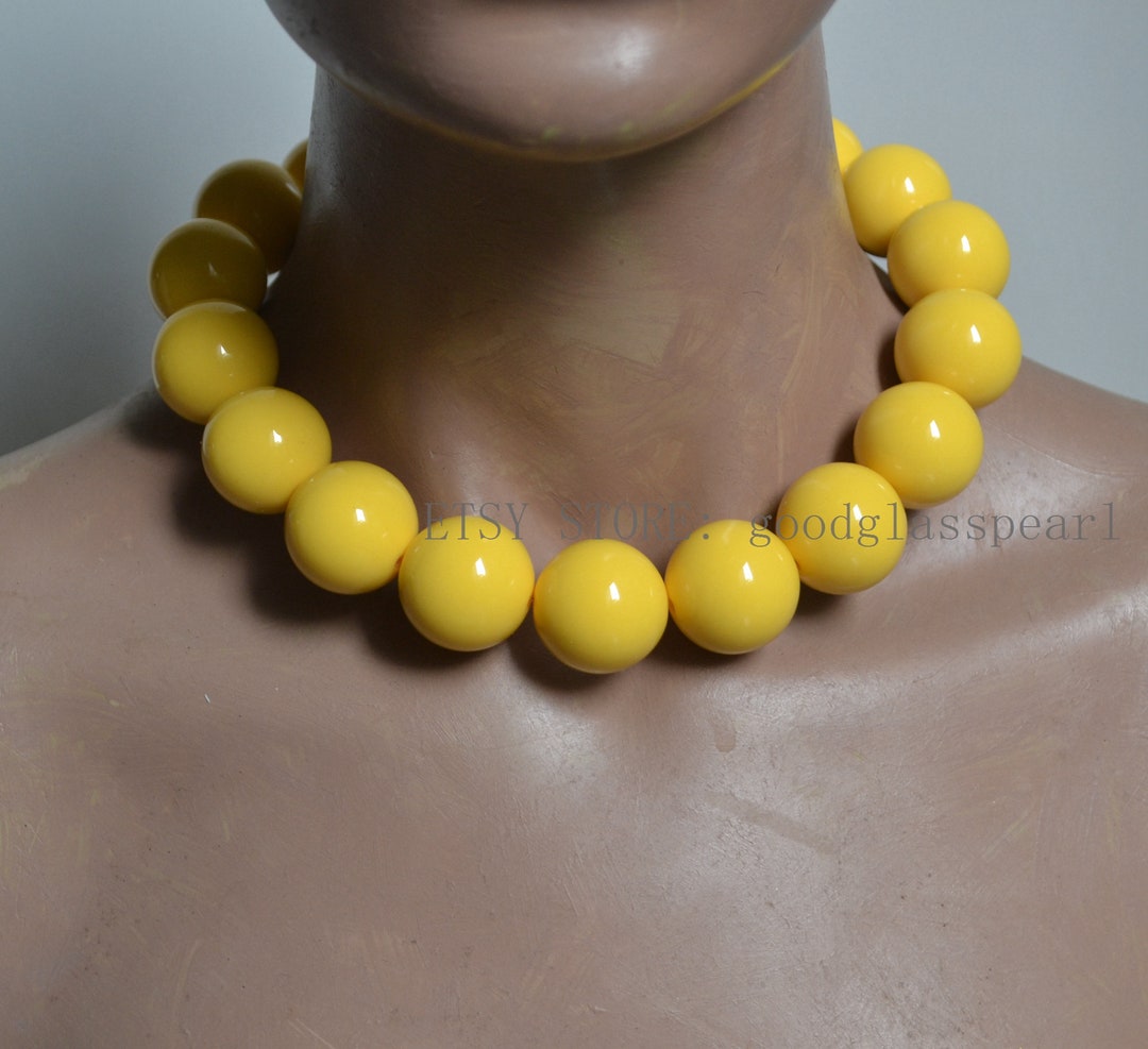 Big Yellow Beaded Necklace, 24mm Yellow Beads Necklace, Yellow Choker