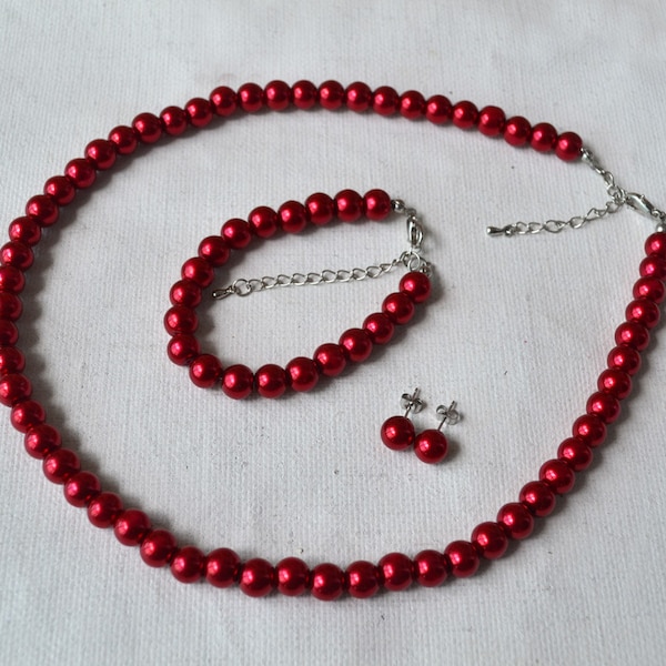 ensemble de peal rouge bordeaux, collier de perles en verre de 8mm bracelet de perles et ensemble de boucles d’oreilles de perles, ensemble de perles de demoiselles d’honneur de mariage, ensemble de perles de verre