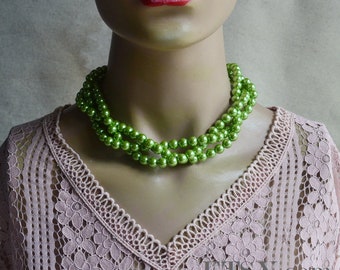 green pearl necklace,3 strands glass pearl necklace,wedding pearl necklace,bridesmaids necklace, green bead necklace,twist necklace