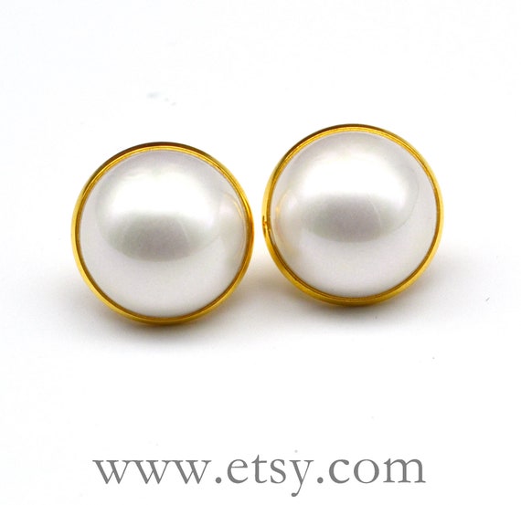 Buy 20mm Big White Pearl Earrings With Gold Tone Post Button