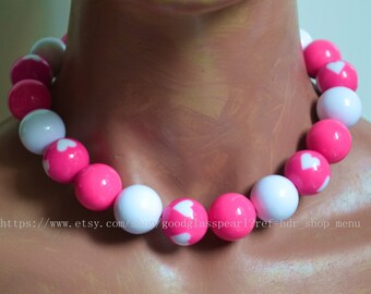 Pink Heart Bead Necklace, Bubblegum Funky Women Necklace