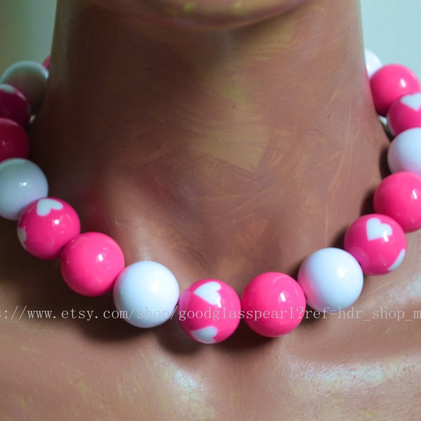 Pink Heart Necklace, Bubblegum Bead Necklace, Concert Necklace, Funky Fun women Necklace