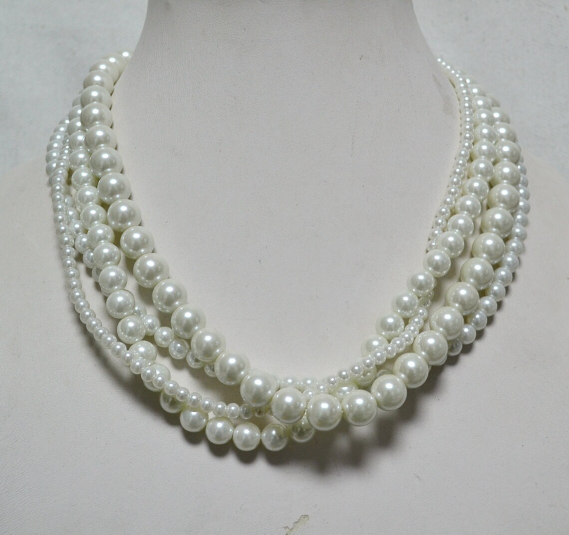 White Pearl Necklace Four Strand Glass Pearl Necklace Bridal Etsy