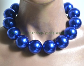 29mm blue pearl necklace, plastics pearl necklace, light weight pearl necklace, choker necklace, statement necklace, men necklace