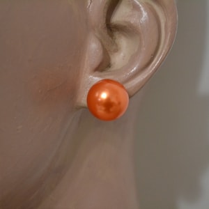 Big Orange Color Earrings Stud, 14 mm Orange Earrings,Round Ball Earrings,Faux Pearl Stud Earring, Light weight ,  orange beaded earrings