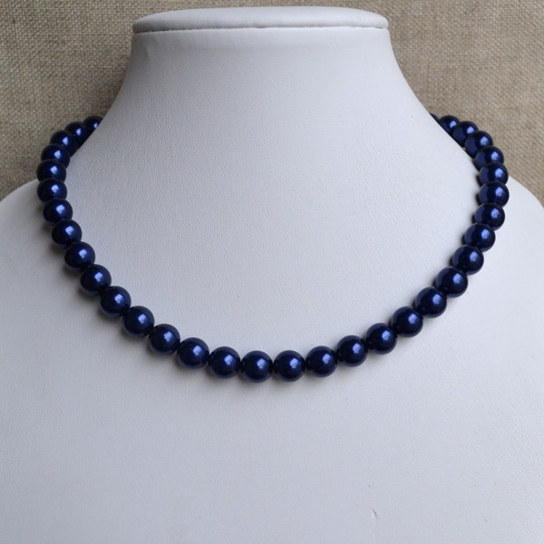 navy blue pearl necklace,glass pearl necklace,10mm pearl necklaces,wedding necklace,bridesmaids necklace,glass pearls necklaces