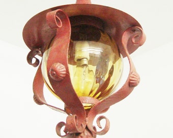 Vintage outdoor lantern in wrought iron with a gold glass insert 1950's French farmhouse decor