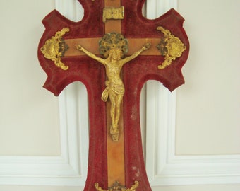 Antique French crucifix red velvet 19th century cross with holy water font and bakerlite detail