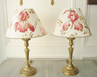 Pair Empire lamps in bronze with handmade lampshades in Iris and wisteria fabric