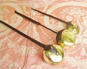 Set of antique French brass utensils with wrought iron handles for farmhouse kitchen display