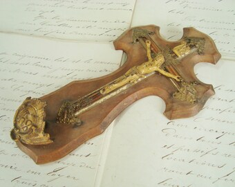 Antique French crucifix with holy water font, JHS wooden cross
