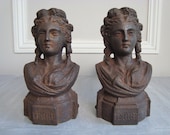 Pair antique figural andirons in cast iron French fire dogs in the form of goddesses