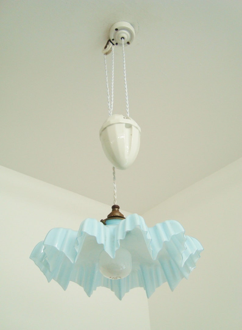 Vintage French rise and fall chandelier with a blue and white mottled glass shade