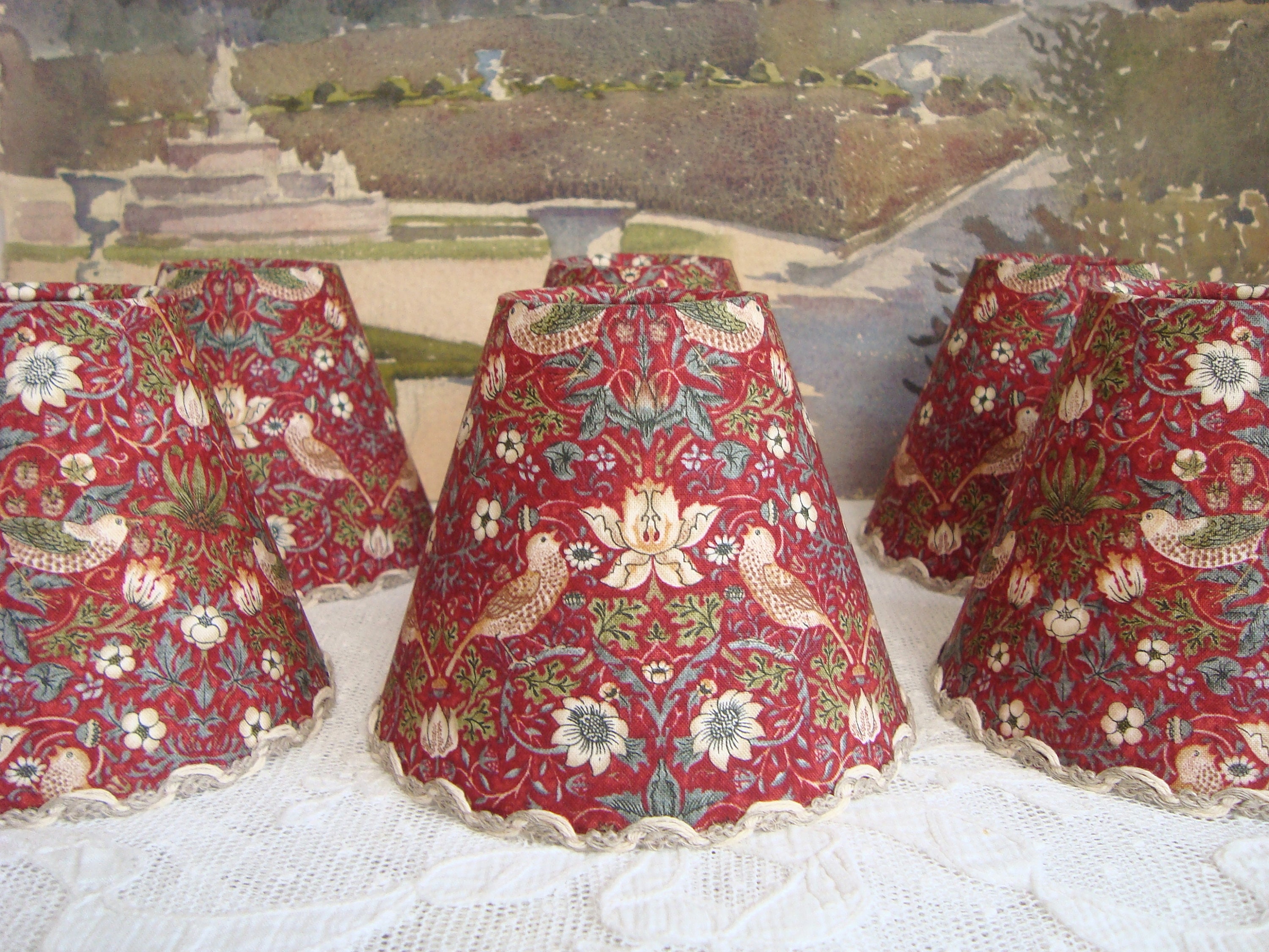 Lot de 6 Abat-Jours Fait Main en Tissu William Morris Rouge 11 X 13 cm Pour Appliques ou Bras Lustre