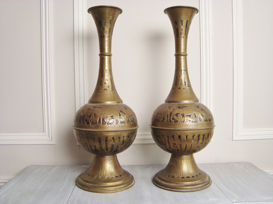 Pair Large Egyptian Vases in Brass With Motifs of the Pyramids and