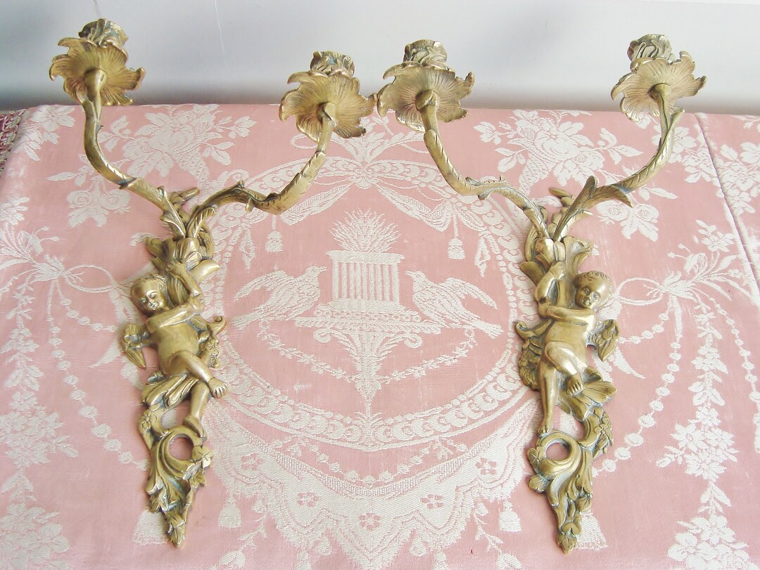 Pair Candle Sconces Cherub Wall Lights in Bronze Elegant French Decor