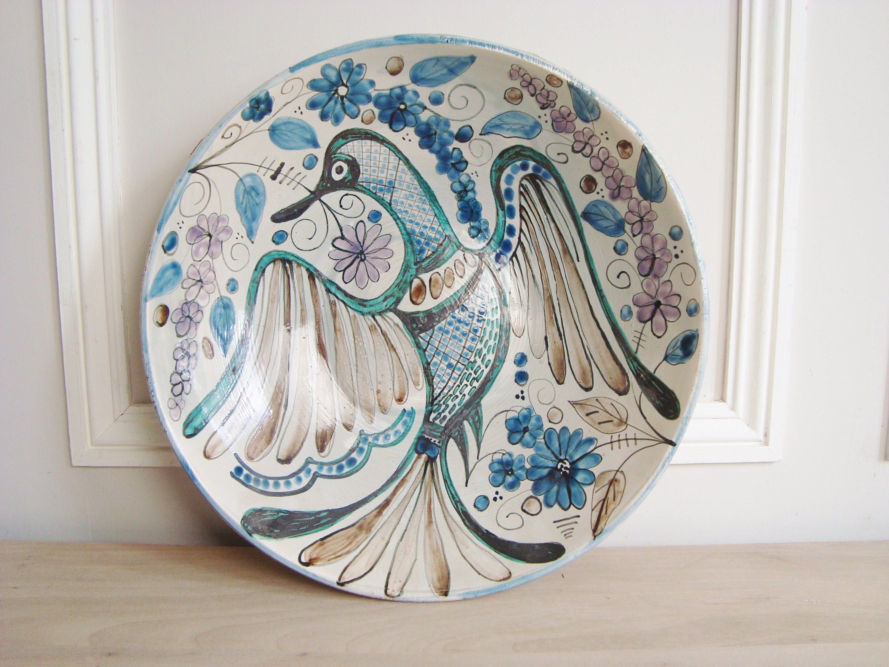Assiette Creuse Vintage en Céramique Motif Oiseau et Fleurs Signée Maja