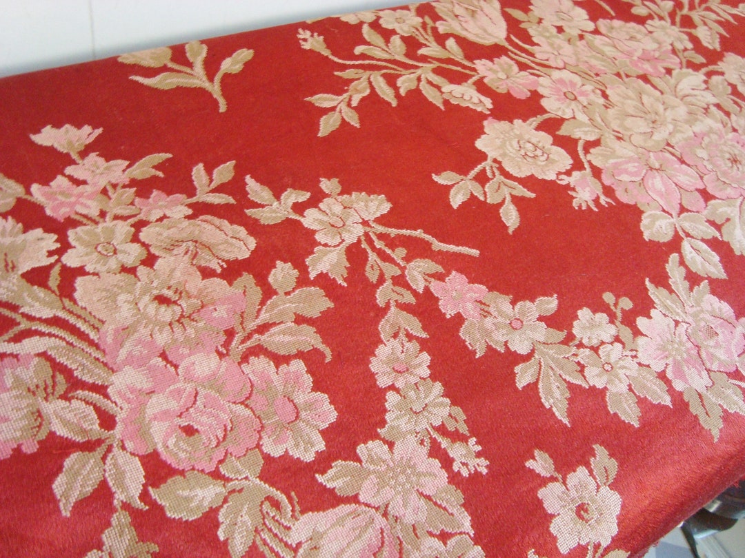 Antique French Tapestry Style Fabric With Ribbons and Roses Motifs for