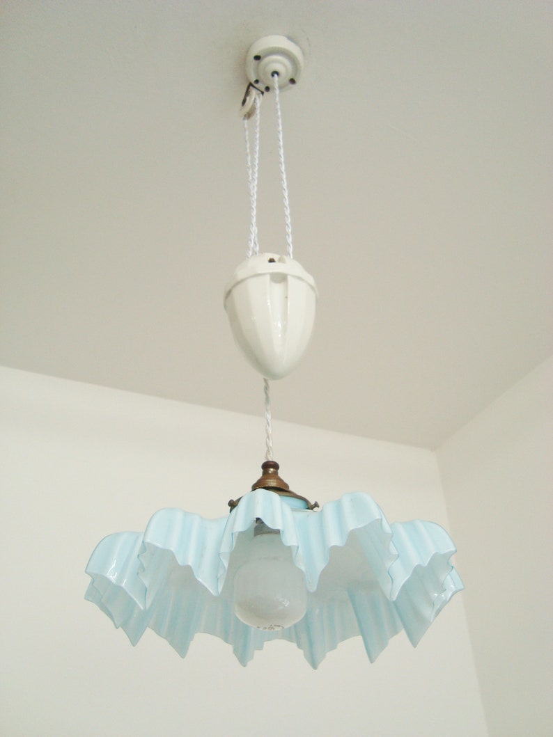 Vintage French rise and fall chandelier with a blue and white mottled glass shade